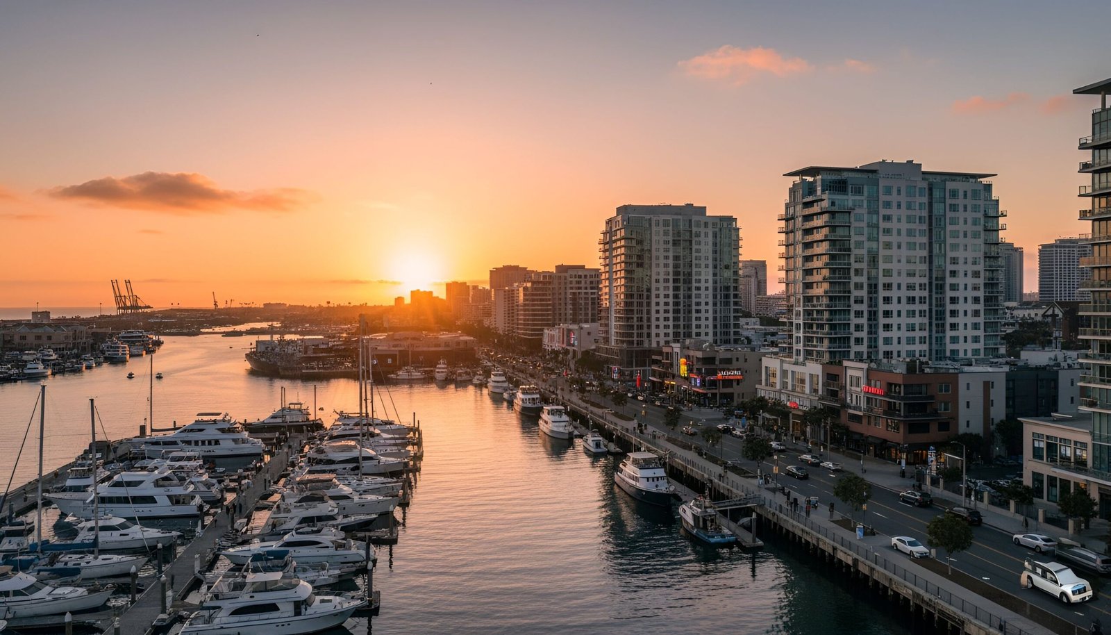 Marina with boats and modern buildings