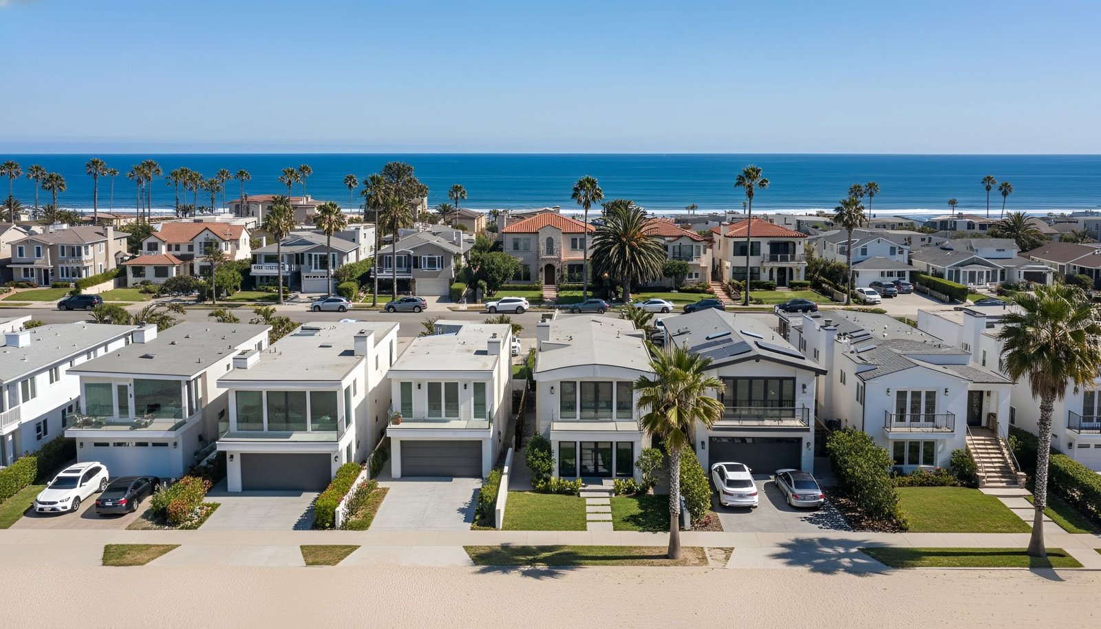 Aerial view of California real estate houses with palm trees and ocean