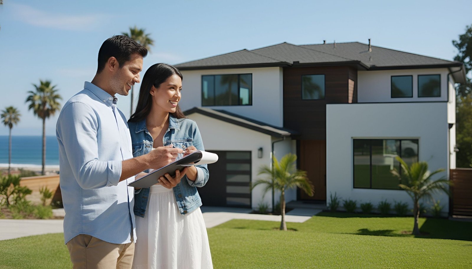 Man and woman in front of California real estate house with palm trees