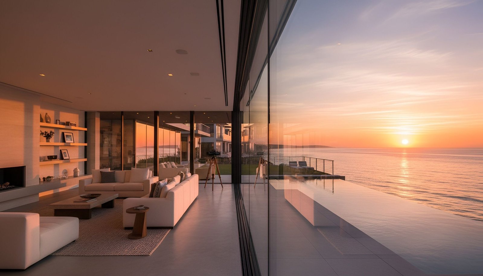 Living room with white furniture, fireplace, and ocean view California real estate house