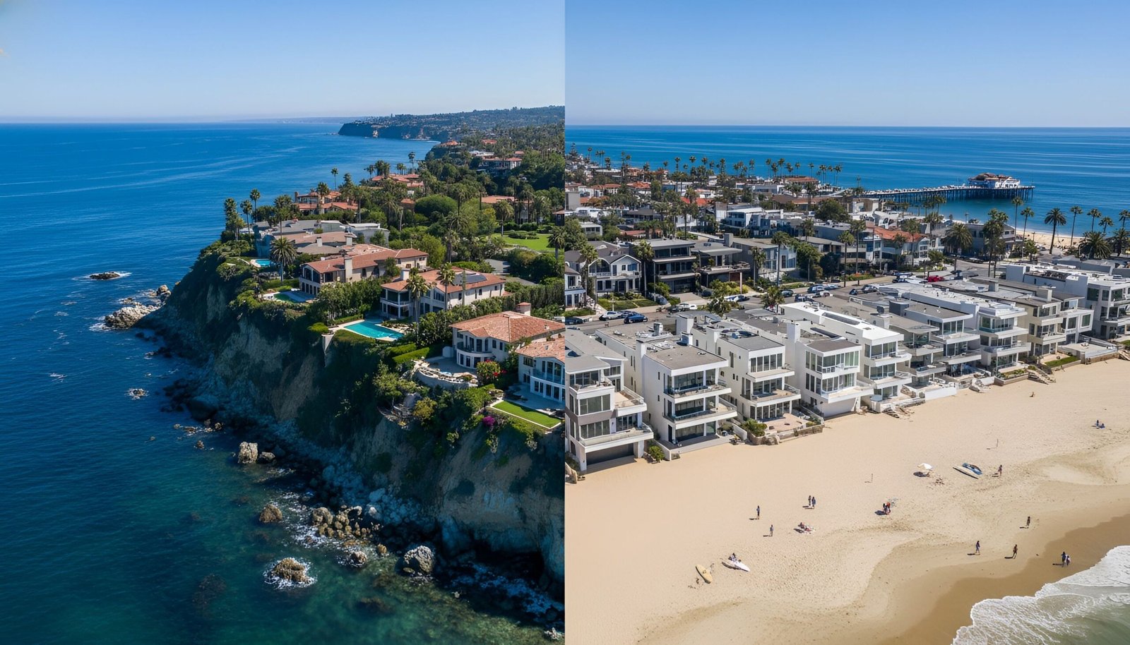 Aerial view of California real estate houses on cliffs and beach with people