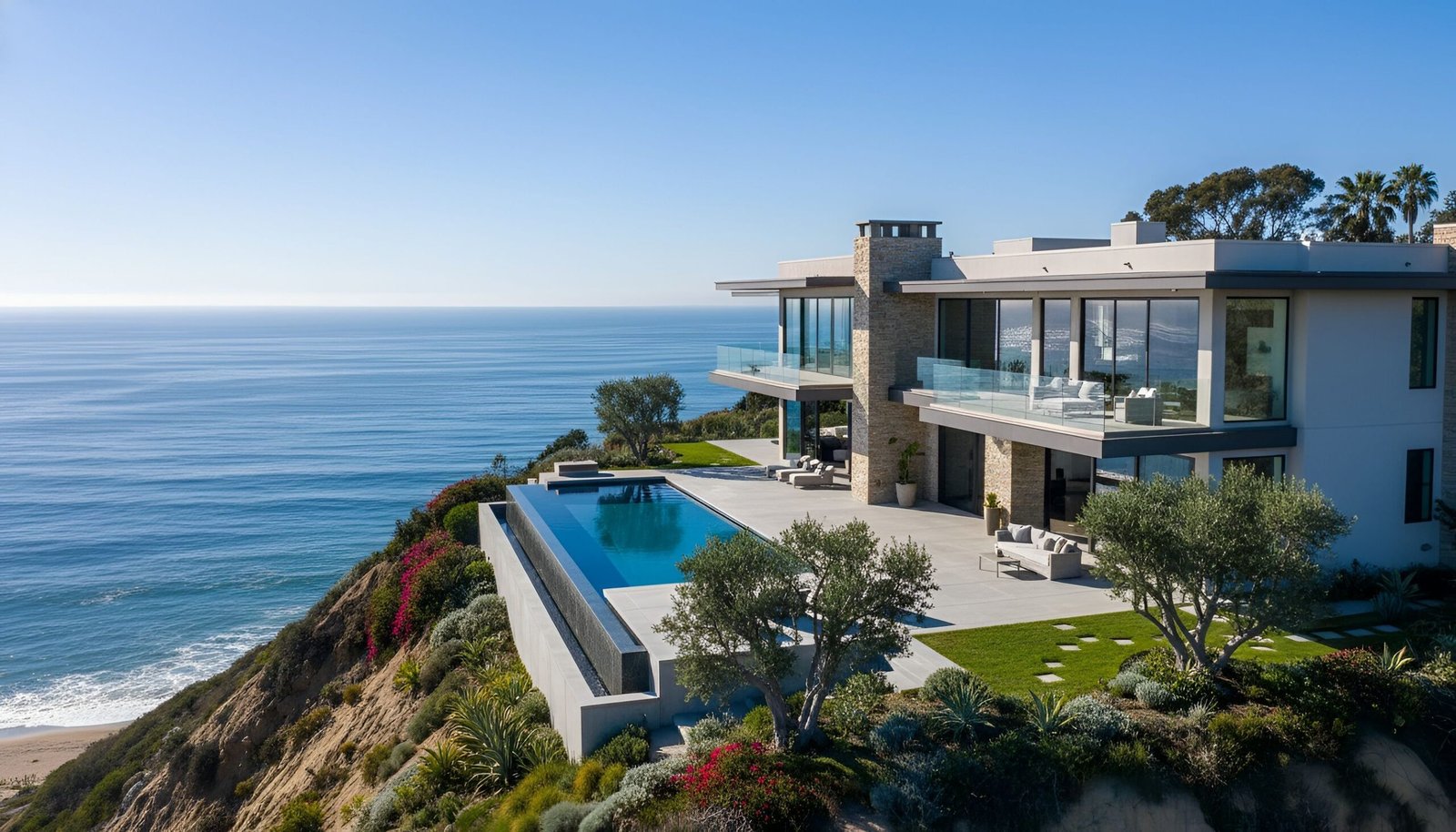 Luxury California real estate house with pool, ocean view, and outdoor space
