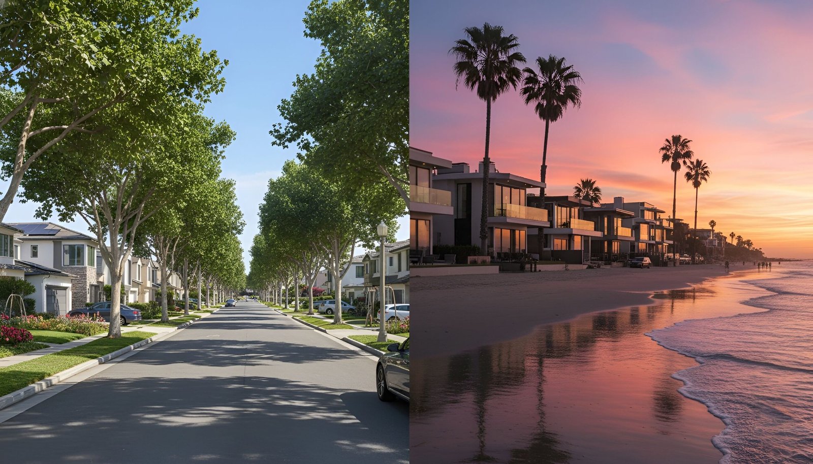 Street with houses California real estate and beach with palm trees