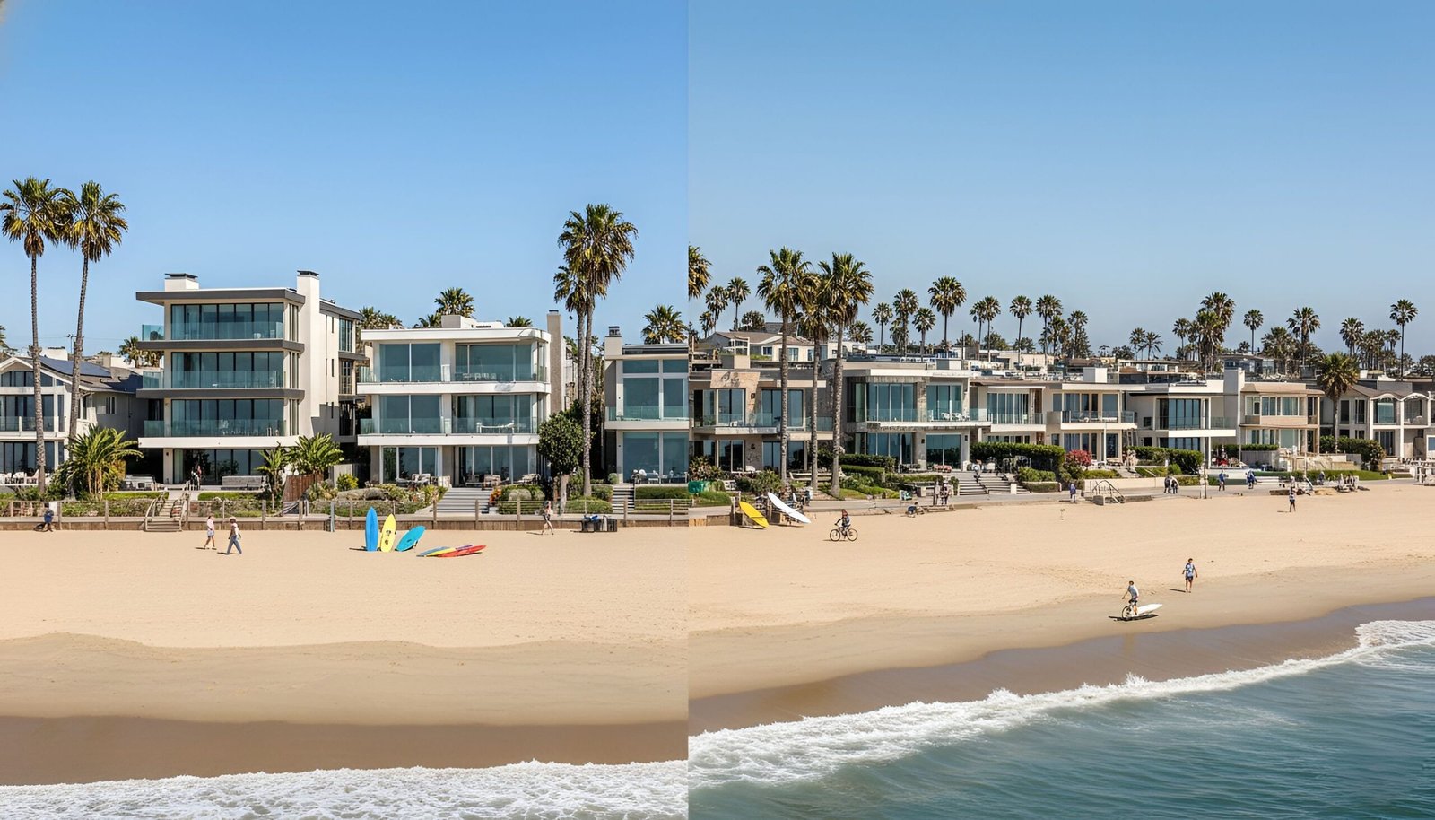 Beachfront houses California real estate with palm trees, sand, and people walking